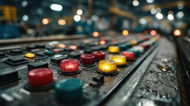 Close-Up View of Industrial Control Panel with Colorful Buttons photo