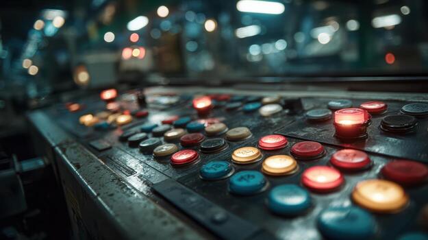 Control Panel with Colorful Buttons in Industrial Setting at Night photo