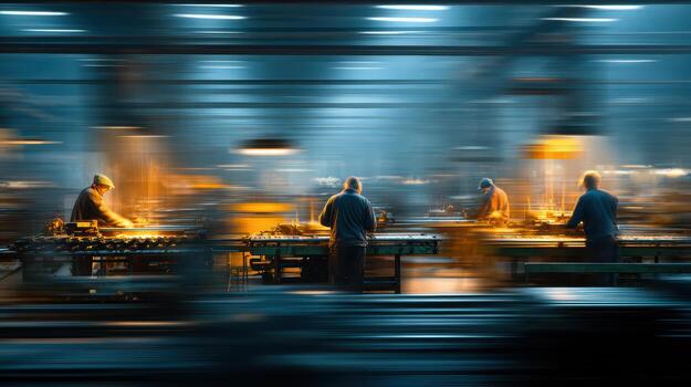 Workers Creating Sparks in Industrial Factory Setting at Night photo