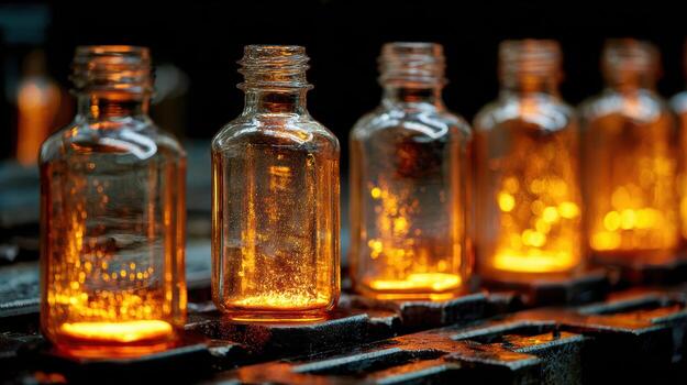 Glowing Glass Bottles in Factory Setting with Amber Liquid Inside photo