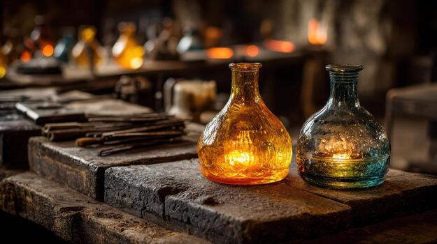 Glass Laboratory with Colorful Beakers and Rustic Background Atmosphere photo