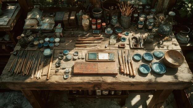Artistic Workspace with Paints, Brushes, and Creative Utensils photo