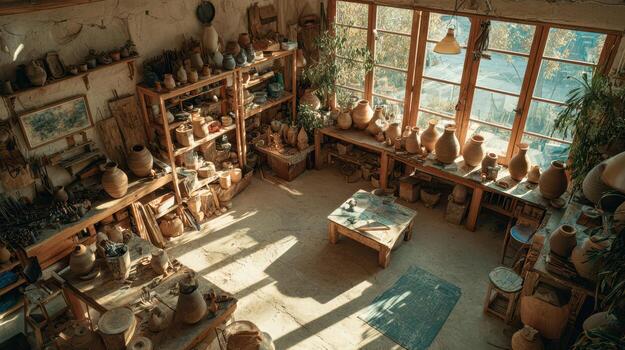 Rustic Pottery Studio with Sunlight Streaming through Large Windows photo
