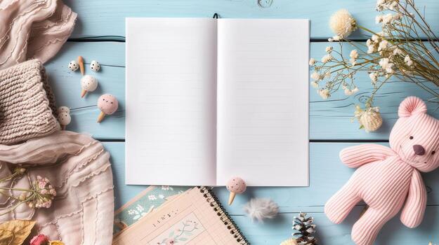 Cozy Workspace with Blank Notebook and Soft Elements for Creativity photo