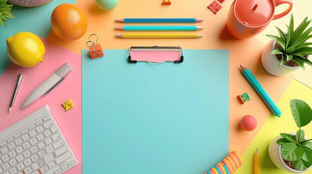 vistoso espacio de trabajo con papelería y Fresco frutas en mesa foto