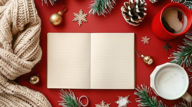 Cozy Winter Scene with Open Notebook and Seasonal Decorations photo