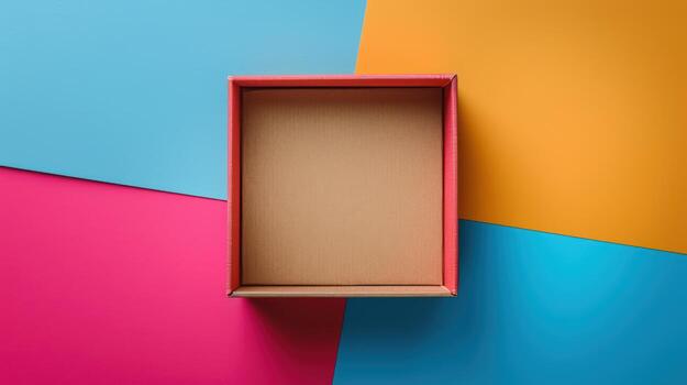 Open Empty Box on Colorful Background with Bright Geometric Layers photo