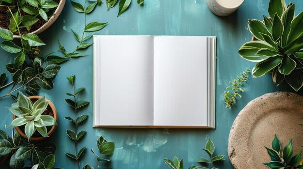 Open Blank Notepad Surrounded by Green Leaves and Plants photo