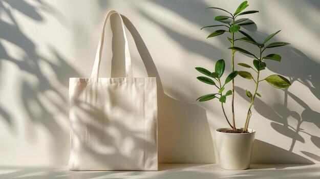 Minimalist Tote Bag and Potted Plant with Soft Shadow Play photo