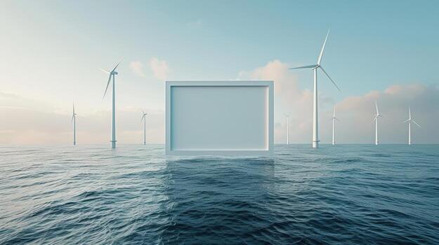 A white square in the middle of the ocean with wind turbines photo
