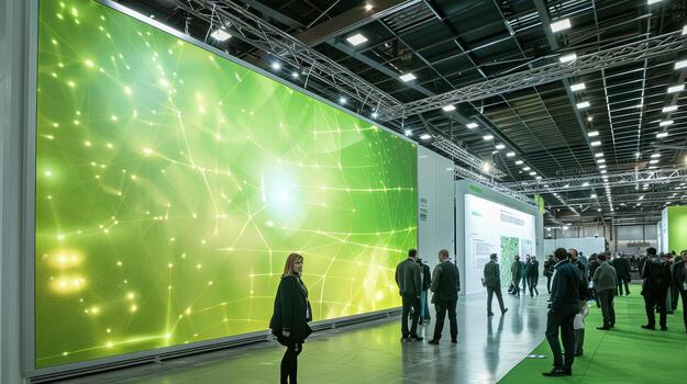 Vibrant Technology Display at Busy Exhibition Hall with Visitors photo