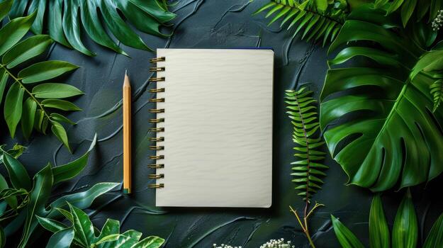 Blank Notebook Surrounded by Green Leaves and Pencil on Dark Surface photo