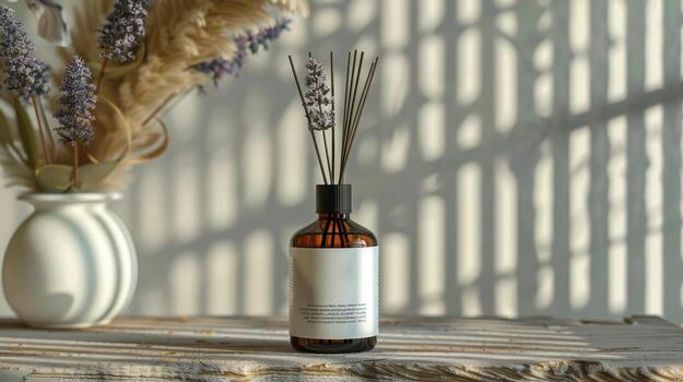 elegante hogar decoración con difusor y lavanda en suave ligero foto