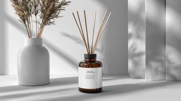 elegante aromaterapia difusor con natural palos en mínimo superficie foto