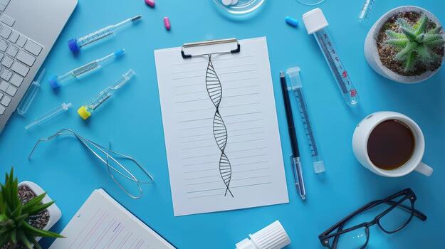 A notebook with a dna structure on it, a cup of coffee, a pen and a photo