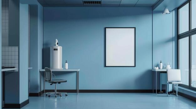 Minimalist Blue Room with Table, Chair, and Blank Frame on Wall photo