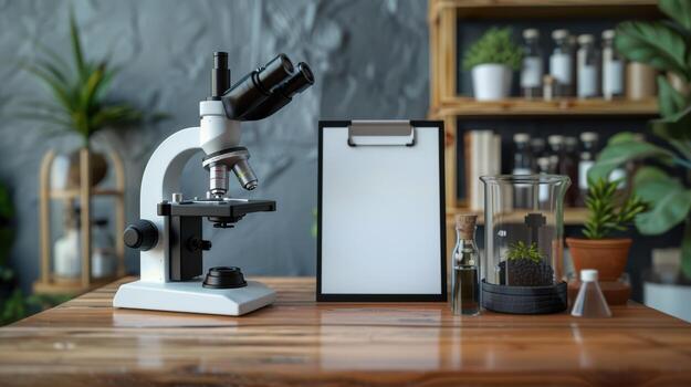 Laboratory Microscope on Wooden Table with Blank Clipboard and Plants photo