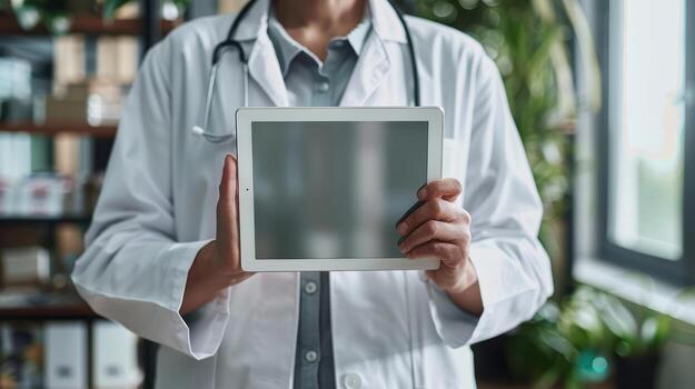 Doctor holding tablet computer with blank screen photo