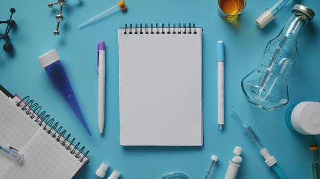 Laboratory Tools and Stationery on Blue Background for Research photo