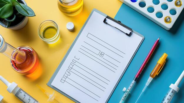 Laboratory Setup with Various Scientific Equipment and Notepad photo