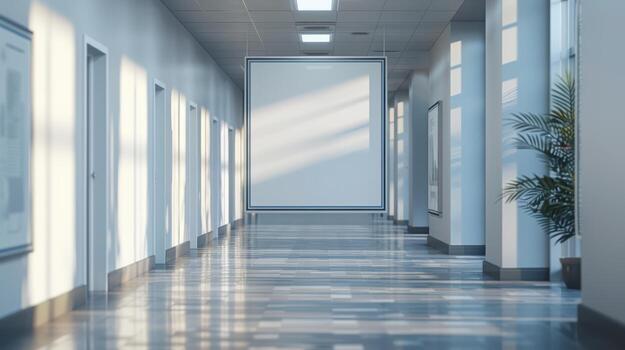 Bright and Modern Hallway with Empty Canvas and Greenery photo