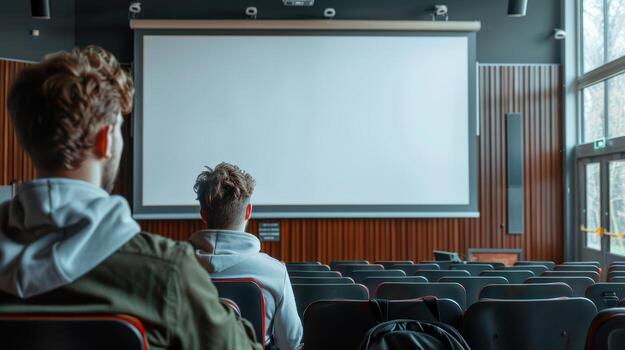 Two Young Men Watching a Blank Projector Screen in an Auditorium photo