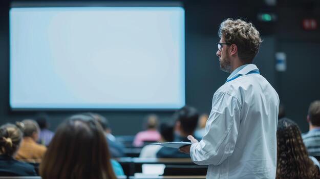 A man in a lab coat is standing in front of a large audience photo