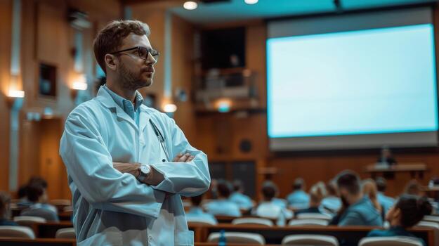 Professional Man in Lab Coat Standing Confidently in Lecture Hall photo