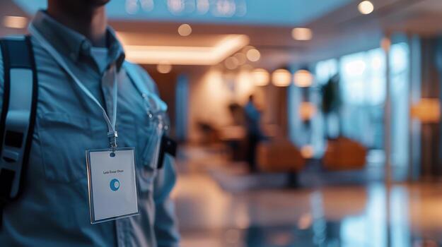 A man with a backpack and a badge is standing in a lobby photo
