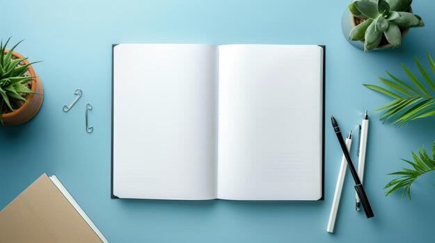 Minimalist Workspace with Open Notebook, Plants, and Stationery Items photo