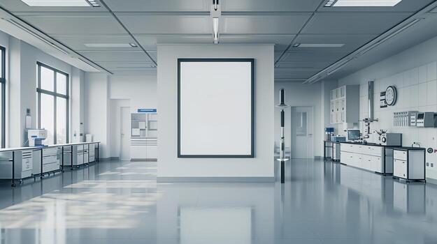 Modern Laboratory Interior with Empty White Frame and Equipment photo