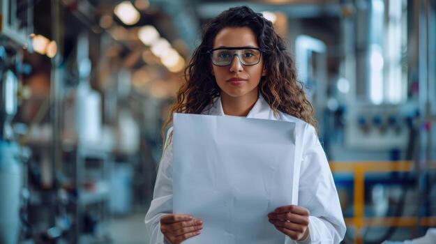 Young Scientist in Laboratory Holding Document with Serious Expression photo