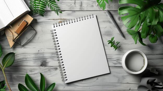 Blank Spiral Notebook Surrounded by Greenery on Wooden Surface photo