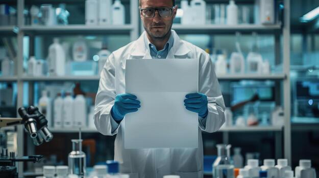 Scientist in Laboratory Holding Blank Paper with Chemical Bottles Around photo