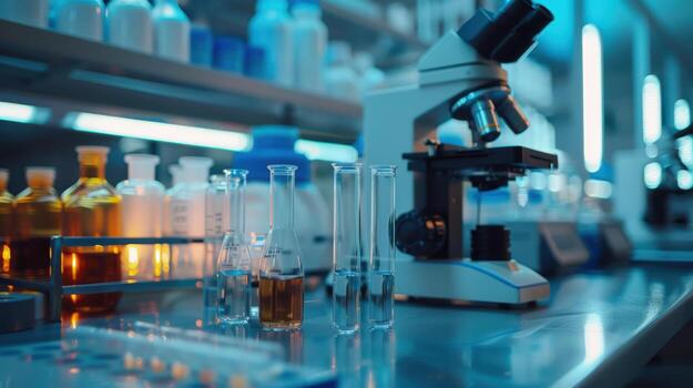 Laboratory Workspace with Microscopes and Glassware in Focus photo