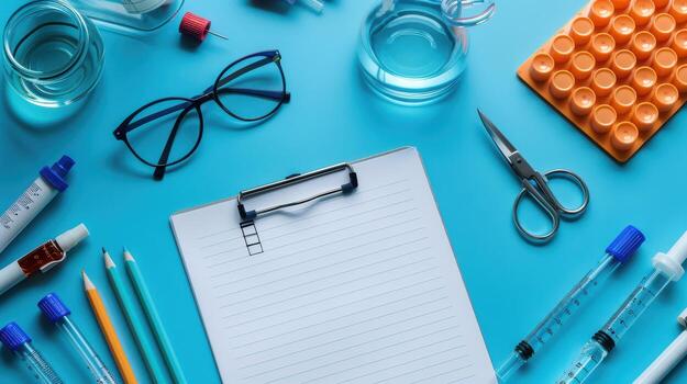 Laboratory Workspace with Tools, Notebook, and Glassware Collection photo