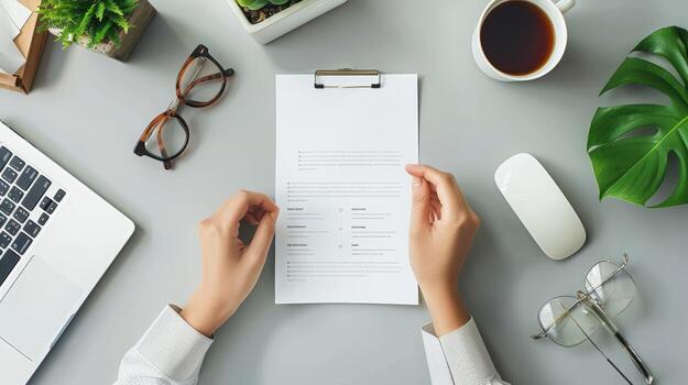 Professional Workspace with Coffee, Plants, and Document on Table photo
