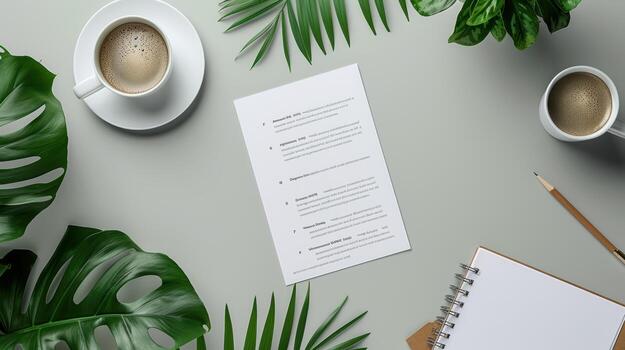 Minimalist Workspace with Coffee, Plants, and Notepad on Table photo