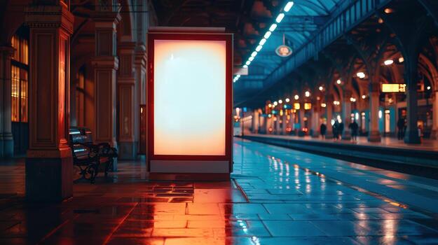 Urban Train Station Platform with Empty Ad Space and Blue Lighting photo