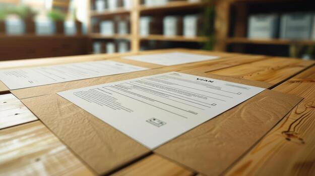Document and Writing Materials on Rustic Wooden Table in Office photo