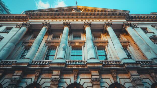 Historic Building Facade with Tall Columns and Clear Blue Sky photo