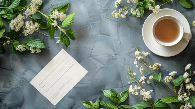 Serene Arrangement of Tea, Flowers, and Blank Card on Gray Background photo