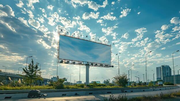 Empty Billboard Under Blue Sky with Clouds in Urban Environment photo