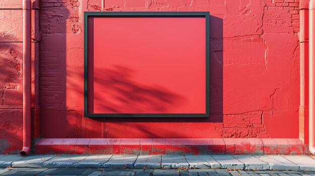 Empty Frame on Vibrant Red Wall with Shadows and Textures photo