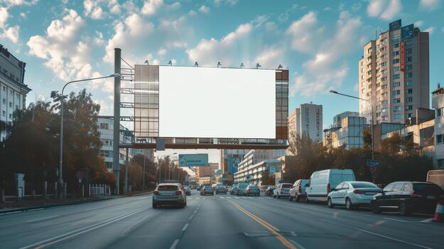 Urban Scenic View with Empty Billboard and City Skyline on Horizon photo