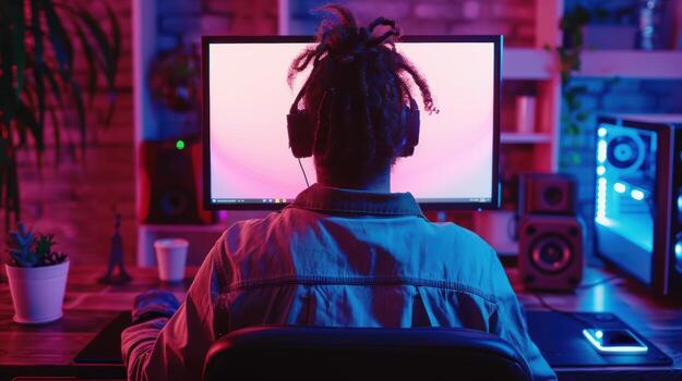 Young Person in Headphones Engaged at Computer Desk with Ambient Light photo