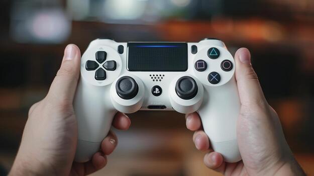 Close-Up of Hands Holding Modern Gaming Controller in a Room photo