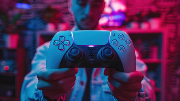 Young Gamer Holding Game Controller in Neon Light Setting photo