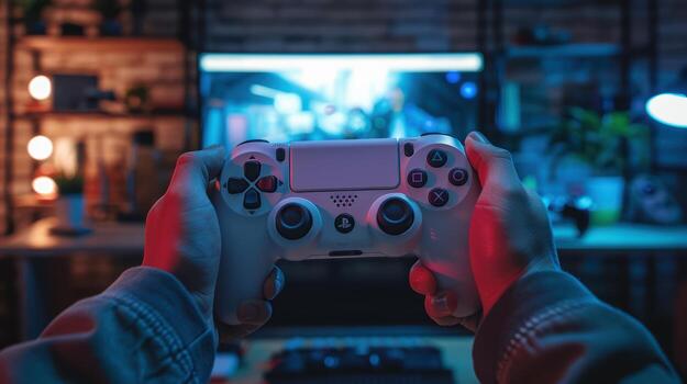 Hands Holding Gaming Controller in Front of Backlit Screen photo