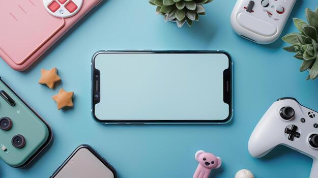 Smartphone Surrounded by Gaming Accessories and Cute Objects on Desk photo